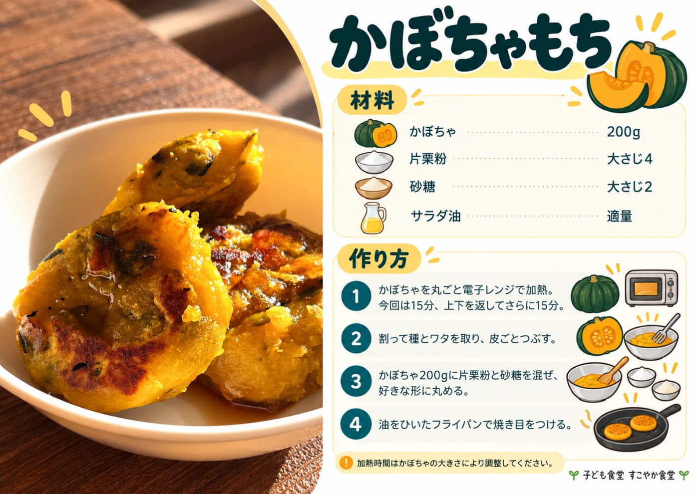 かぼちゃもちの材料と作り方をまとめたレシピシート
